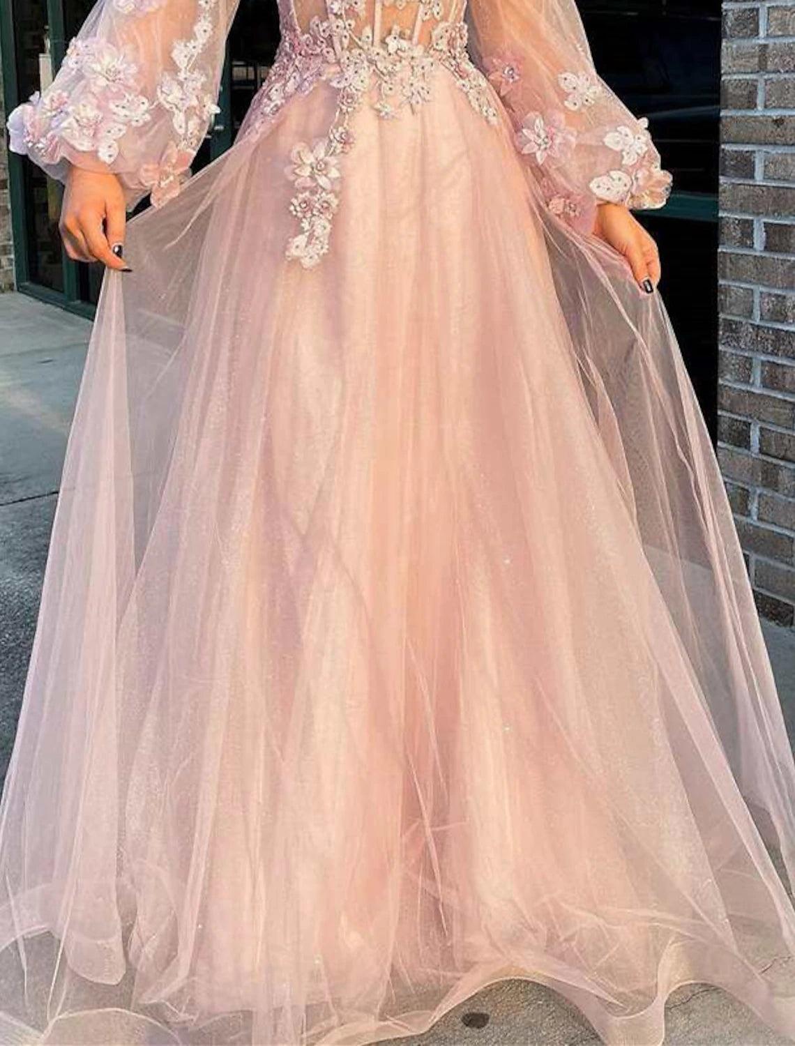 Abiti da ballo a trapezio, scintillanti, lunghi fino al pavimento, a maniche lunghe, senza spalline, in tulle con paillettes